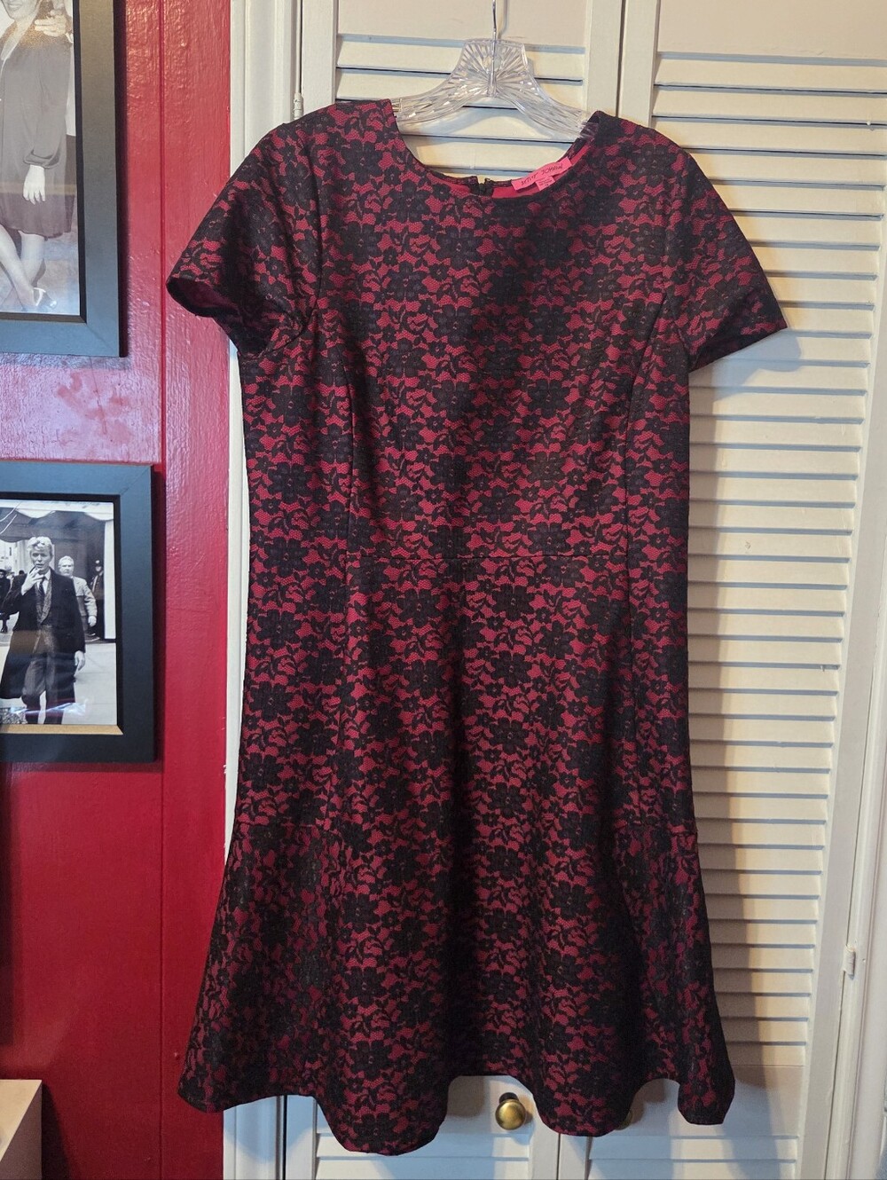 NWOT !! Betsey Johnson Red and Black Lace Flare Dress SZ 14
